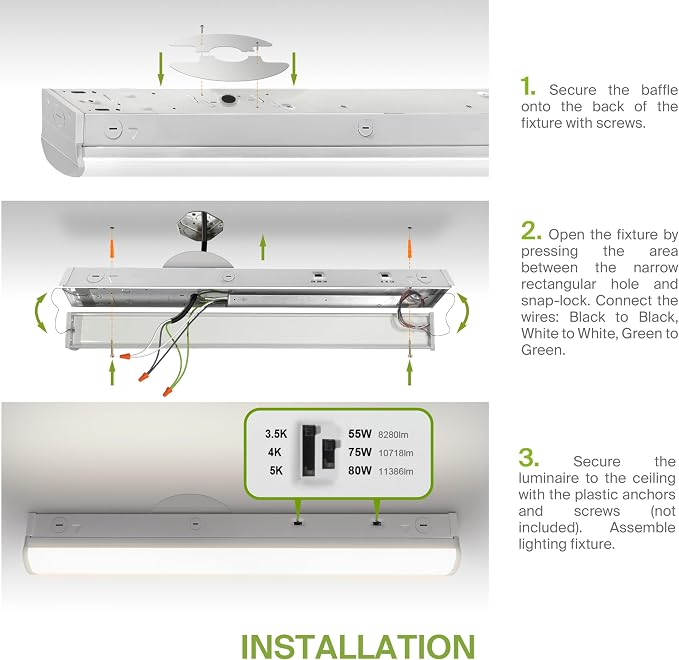 ASD 8ft LED Linear Strip Light Fixture with Q-Base | UL DLC 55W-80W 120-277V Linkable LED Shop Light | 3500K-5000K Adjustable Dimmable Office & Workshop Commercial Ceiling Lighting
