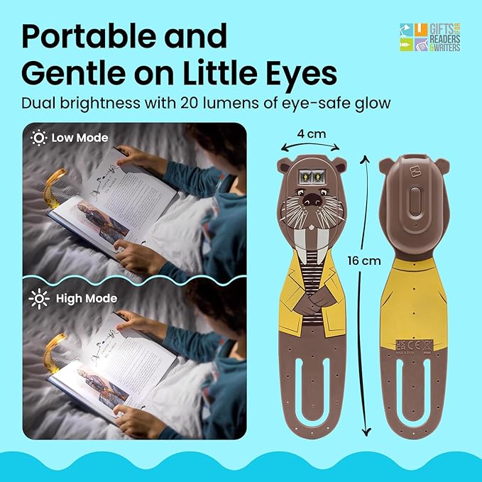 Gifts for Readers & Writers Rechargeable Book Light for Kids, Clip On Reading Light for Bed, 2in1 Flexilight Pals & Bookmark, 12 Hours of Light Once Charged, Includes USB Cable & 2 LED Lights, Walrus
