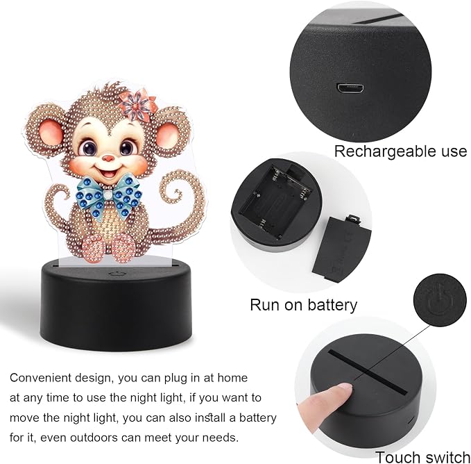 JISHSHAY Diamond Painting Night Light Diamond Art Table Lamps Gem Art LED Lights Gem Painting Desk Lamp Mosaic Kits for Adults DIY Kits for Adults Paint by Numbers,with Special Shaped Crystal,Monkey