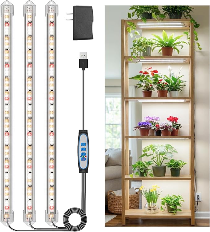 Kullsinss 16in Grow Lights for Indoor Plants, 3-Bar 180 LEDs Full Spectrum | 5000K 15W Plant Light Strips for Indoor Growing, Seedling, Succulent, Plant Lamp with 6/12/16H Auto Timer, 5 Dimmable Levels