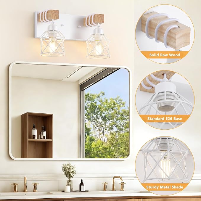 FadimiKoo 2-Light White Bathroom Light Fixtures, Wood Bathroom Vanity Lighting Fixtures Over Mirror, Rustic Sconces Wall Lighting with Elegant Metal Lampshade for Living Room, Bedroom, Hallway