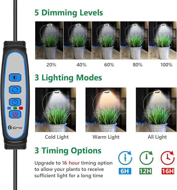 Plant Light Black 2 Pack, Clip on Grow Lights for Indoor Plants | LED Full Spectrum Halo Grow Lamp, 6/12/16H Timer, 5 Dimmable, 3 Modes, 2 Installation Options Clip or Plug, 360° Gooseneck