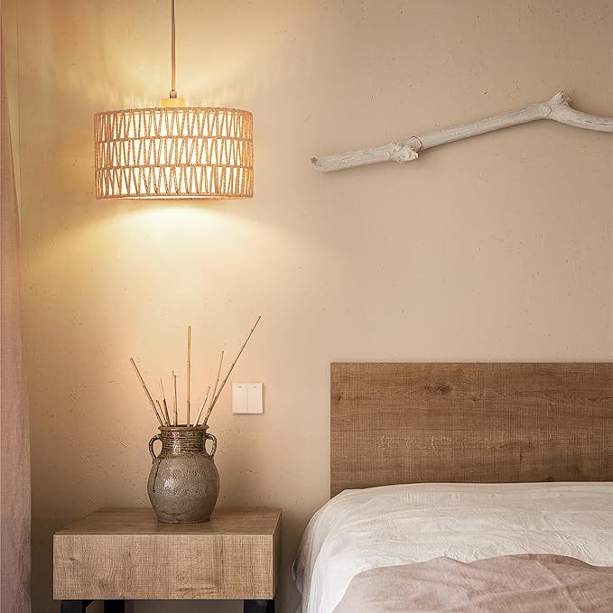 Plug in Pendant Light Rattan Hanging Lamp, Boho Hanging Lights with Paper Woven & Fabric 2 in 1 Shade, 3-Way Dimmable Bulb Included, Ceiling Light Fixture for Living Room,Bedroom,Farmhouse