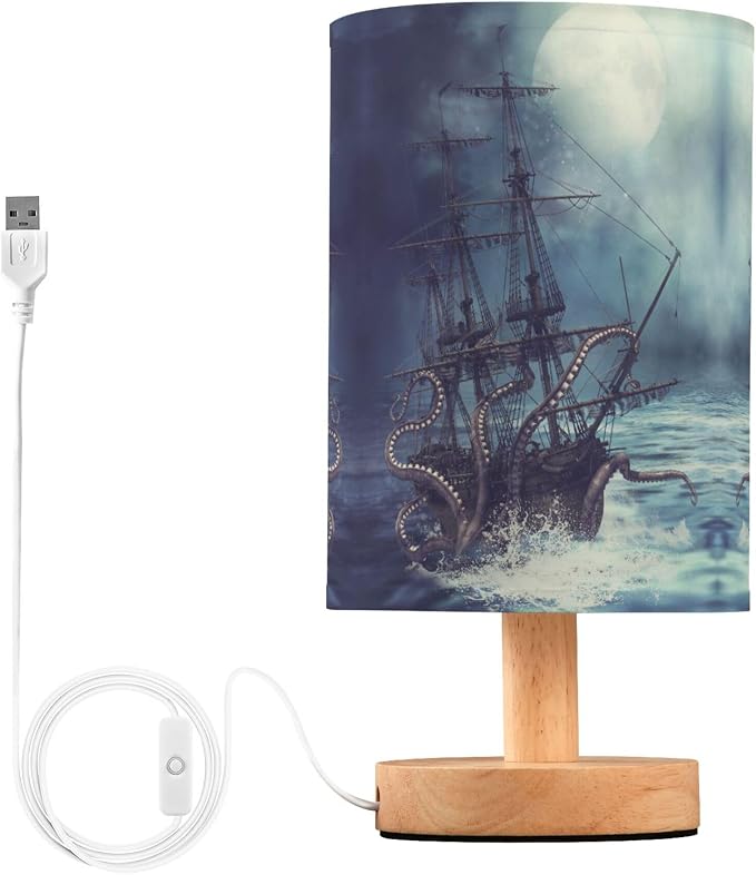 Table Lamp Octopus Pirate Ship Sea Monster Tentacle Sailboat Night Ocean Wave Nightstand Lamp with Wood Base Fabric Lamp Shade Bedside Desk Lamp for Living Room Bedroom Kids Room Office