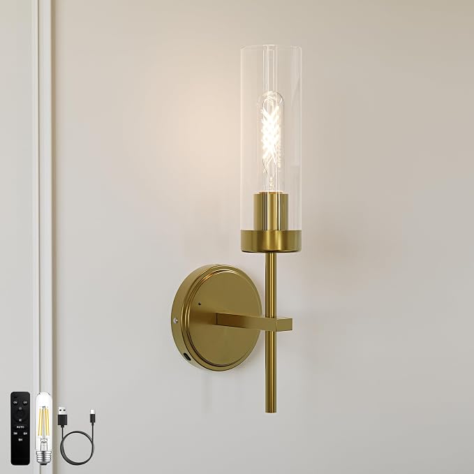 Gold Battery Operated Wall Sconce, Wireless Wall Sconces with Remote Control, Rechargeable 3000K Dimmable Wall Light for Bedroom Living Room Bathroom Hallway Entryway Stairwell