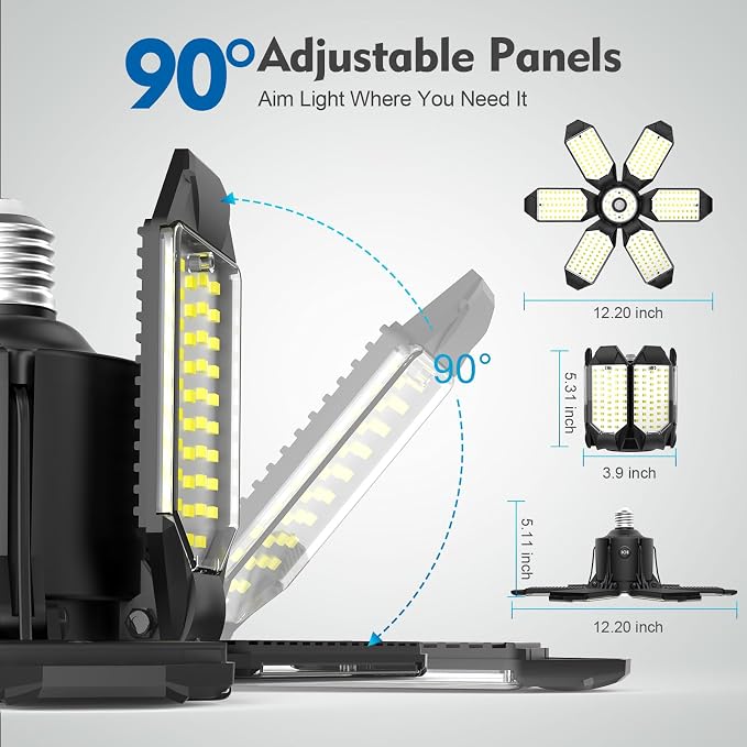 TANBABY 260W Motion Sensor Garage Lights with Remote Control, 30000LM, E26 | 3 modes ON/OFF/AUTO, 60/180/270s timer, E26 screw-in, 6 adjustable panels, 6500K for garage shop basement workbench lighting