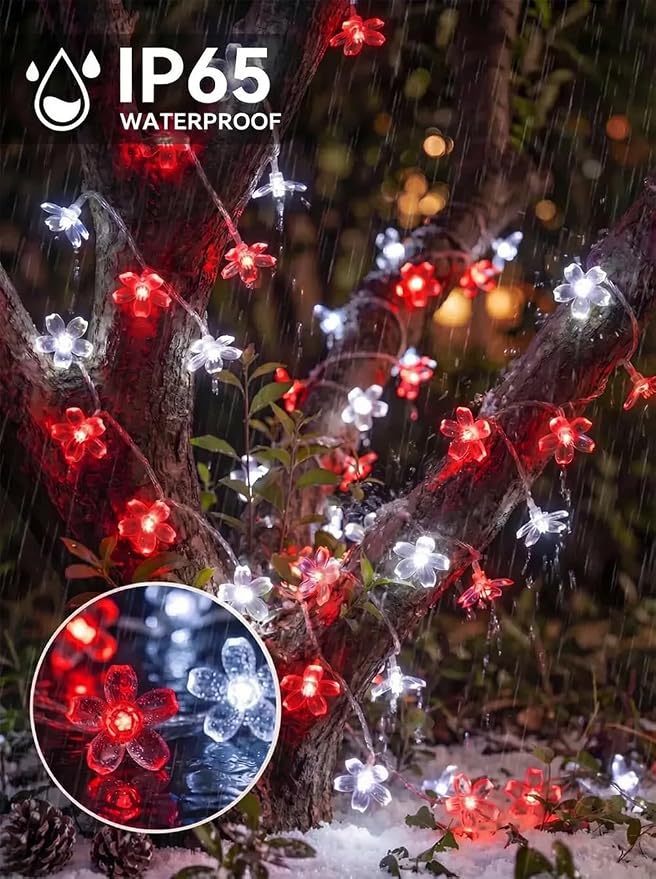 Flower Battery Operated Indoor String Lights 30L Cherry Blossom Fairy Light | Waterproof Outdoor Party Birthday Wedding Christmas Home Red White