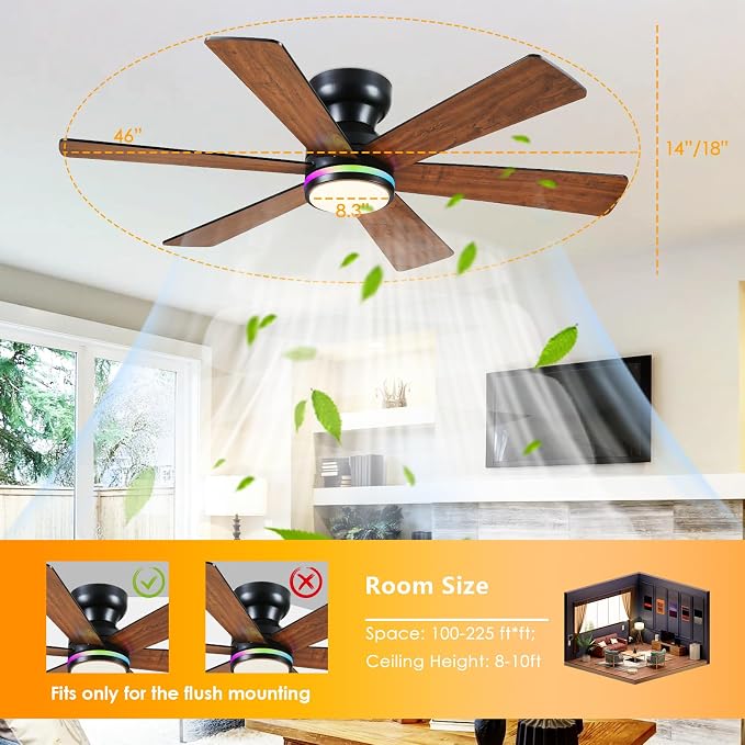 46" 6-Blade Brown Low Profile RGB Ceiling Fan with Light and Remote/APP | 11 RGB Modes,Reversible 6 Wind Speeds,Dimmable 3 CCT LED, 25W Quiet DC Motor,Timer,6 Double-Sided Blades,for Kidsroom Party
