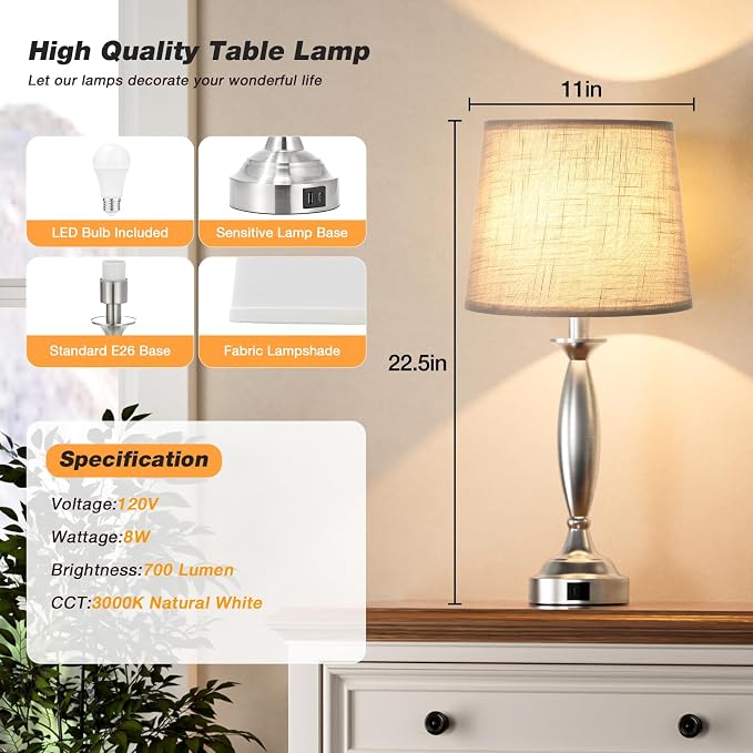 Bedroom Lamps for Nightstand, 3 Way Dimmable Silver Bedside Lamps with USB | Touch, USB C+A Ports, Bulb Included, Gray Shade, Silver, Chrome, Bed Side lamps for Night Stands, Living Room