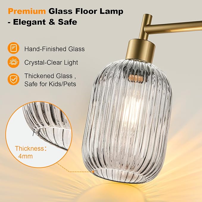 【Upgraded】 Dimmable Floor Lamp for Living Room with Gray Ribbed Glass Lampshade, Gold Modern Floor Lamp with 900LM LED Bulb Included, Arc Standing Tall Lamp for Bedroom, Office, Reading Room, Corner