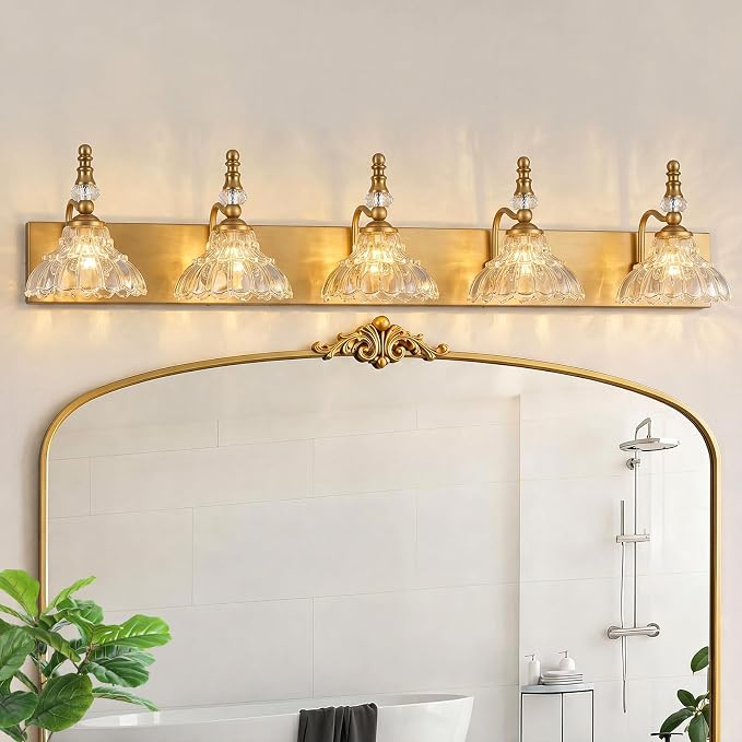 Vintage Bathroom Vanity Light, 5-Light Brass Vanity Lighting Fixture with Flower Glass Shade, Bathroom Lighting Fixtures Over Mirror