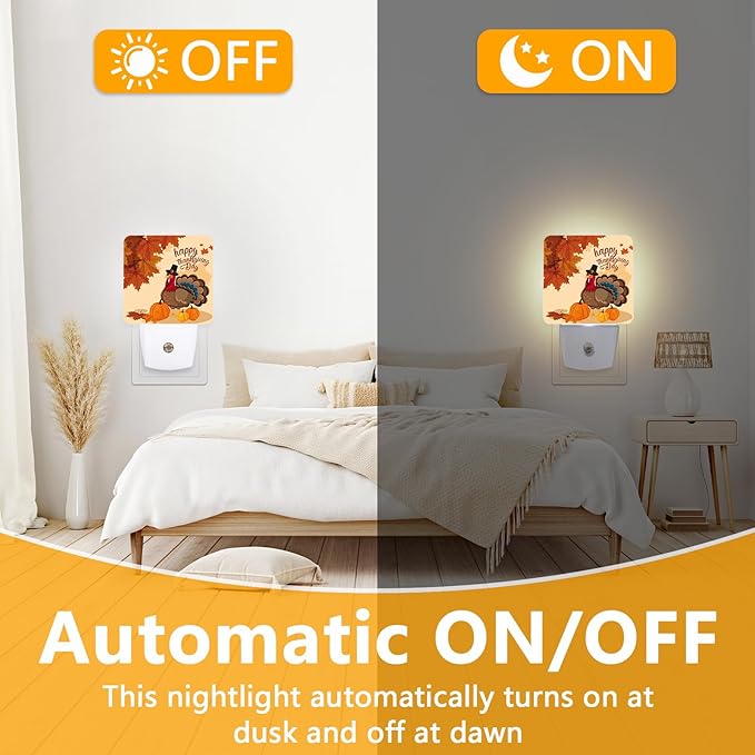 Thanksgiving Turkey Night Light, Plug-into Autumn Maple Leaves Nightlight White LED Lamp, Energy Efficient Decor Desk Lamp for Bedroom Hallway Stairs Bathroom