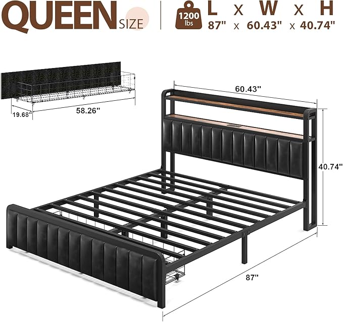 Queen Size Bed Frame and Upholstered Storage Headboard, LED Light, Black | Built-in Charging Station, Wheeled Under-bed Drawers, Heavy-Duty Metal Slats, Noise-Free, Easy Assembly, No Box Spring Needed