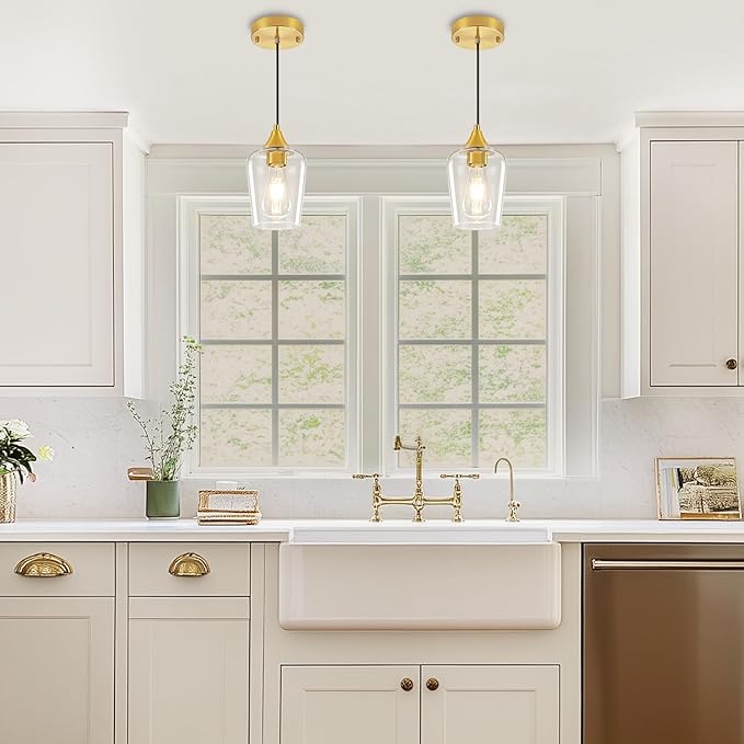 2 Pack Brushed Gold Pendant Lights Kitchen Island, Glass Pendant Lighting Over Island Modern Kitchen Hanging Light Fixtures Adjustable Pendant Lights for Dining Room Bathroom Bedroom Hallway Foyer