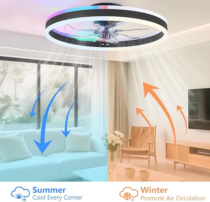 RGB Ceiling Fan with Light, 20'' Low Profile Ceiling Fans, Black Flush Mount LED Fan Light with Remote Control, Modern Bladeless Fandelier for Bedroom, Living Room, Kitchen