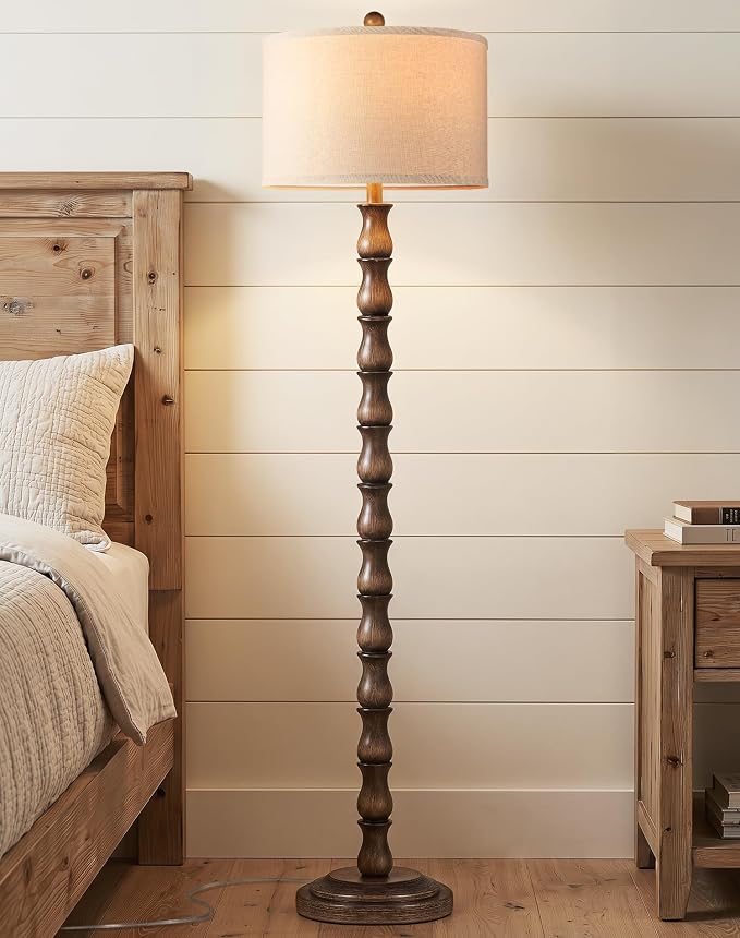 63.5" Rustic Floor Lamp for Living Room, Farmhouse Floor Lamp with Rotary Switch & Linen Shade, Vintage Resin Tall Standing Lamp for Bedroom Corner Office Home Decor, Dark Brown (LED Bulb Included)