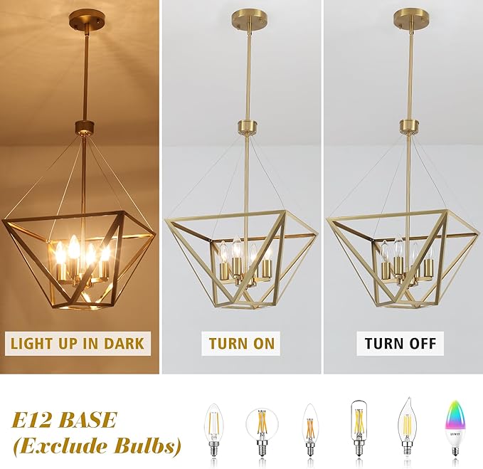 LASENCHOO 14.5" Brass Chandelier for Foyer Lighting Fixtures, 4 Lights Brushed Gold Modern Farmhouse Chandelier Lantern Geometric Pendant Light for Kitchen Island Entryway Dining Room Light Fixture