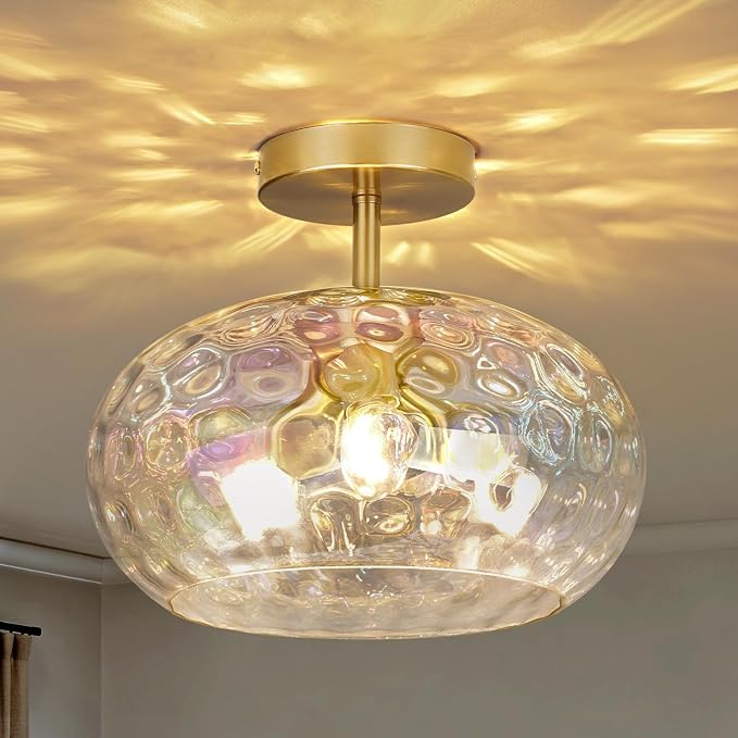 12" Vintage Rainbow Glass Ceiling Light, Mid Century 3-Light Semi Flush Mount Fixture, Modern Hammered Gold Lighting for Girls Bedroom, Hallway, Kitchen, Living Room