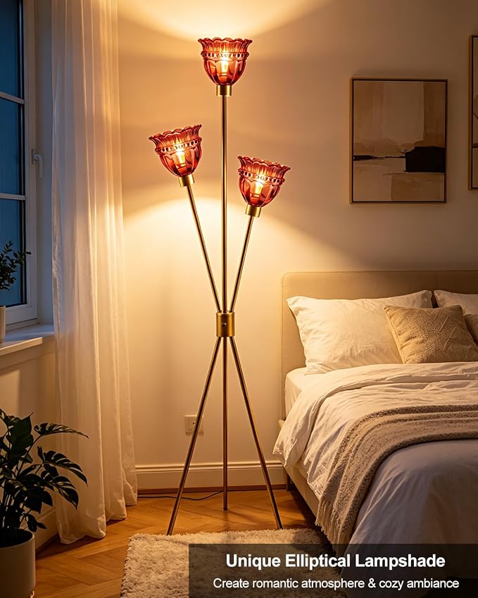 Lightdot 3-Lights Glass Tripod Floor Lamp Gold Dimmable Floor Lamps with 3000K Warm White Bulbs for Wedding Party 62IN Tall Standing Lamp with Deep Red Glass Shade for Living Room/Bedroom/Home Decor