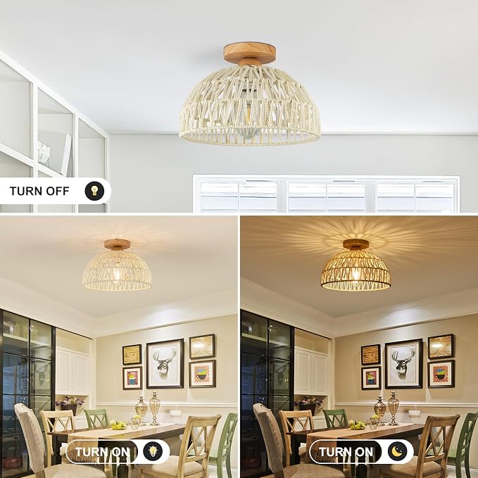 Boho Ceiling Light Fixture Rattan Flush Mount Ceiling Light Bedroom Chandelier Hand-Woven Lamp Shade Wooden Base Small Chandelier Boho Ceilings Lamp for Hallway Nursery Kitchen