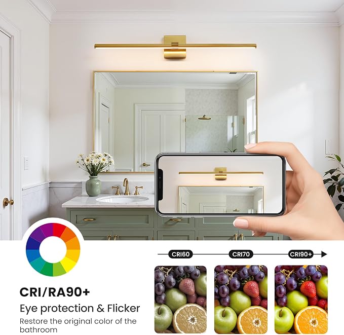 Gold Modern Bathroom Vanity Light 32 Inch 24W Dimmable 5CCT LED Bathroom Lighting Fixtures Over Mirror Brushed Gold Bar Vanity Lights for Bathroom Mirror Cabinets Bedroom