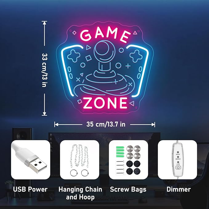 Game Zone Neon Sign Game Room Neon Sign Gaming Zone LED Neon Light Gamer Wall Decor Light up Signs for Man Cave Bedroom Party Decoration Ideal Chritmas Gifts for Boys