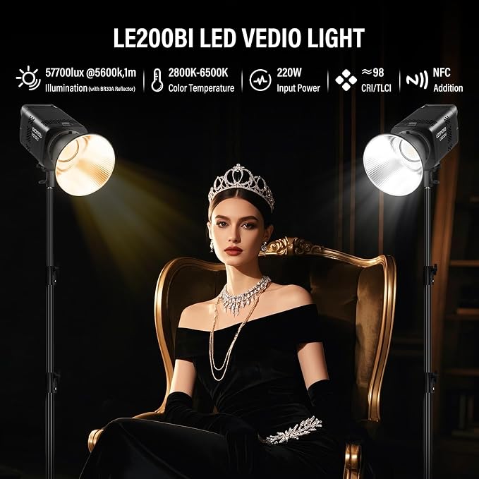 Godox 2Pack LE200Bi Light Kit wih Light Stand/Softbox/Carry Case/5-1 Reflector Bi-Color LED Professional Continuous Video Lighting Kit, CRI 98+, 2800K-6500K, 57700 Lux for Studio