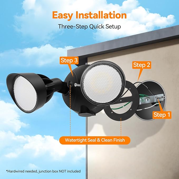 45W 5500LM Outdoor Flood Lights, Dual Head Wall Switch Controlled LED Exterior Flood Light, 5000K Daylight, IP65 Waterproof Hardwired Security Light for Outside Garage Yard (Black)