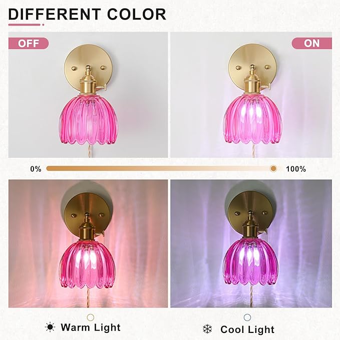 Plug in Wall Sconce, Vintage Sconce Light with Tulip Ruby Red Glass Lampshade, Bedside Wall Sconce with Switch and Plug in Wall Lamp Cord, Gold Wall Light for Bedroom