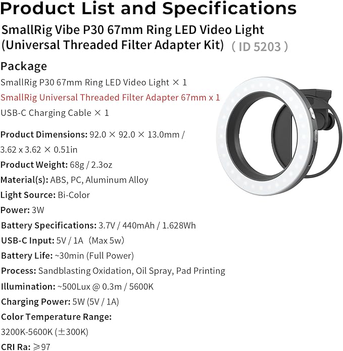 SmallRig Vibe P30 67mm Ring LED Video Light, Compact Bi-Color Light with High CRI ≥90, for 67mm Phone Mounts/Cases/Lenses, for Content Creation, Universal Threaded Filter Adapter Kit 5203