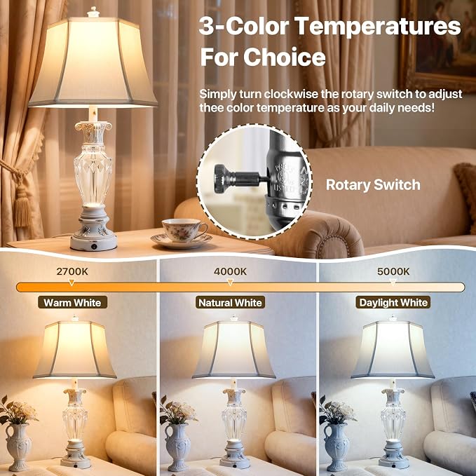 28.5" White Table Lamps Set of 2, Resin Glass Nightstand Lamp with USB Port | Vintage Farmhouse Lamp for Living Room Bedroom, 3-Color Temperatures Bedside Lamp, Table Lamp with Nightlight, Bulbs Included