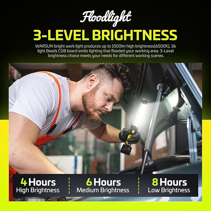 WARSUN Rechargeable COB LED Work Light-Magnetic Hands-Free Trouble Light with Hook, IPX4 Waterproof for Garage Repair, Mens Gifts-Emergency Light Tool for Adults Men Dad (Yellow)