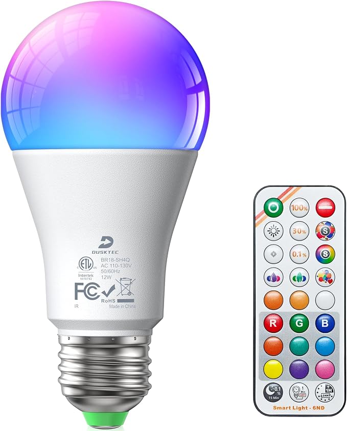 DUSKTEC Color Changing Light Bulb, LED Light Bulbs 100 Watt Equivalent with Remote Control, 9 RGB Colors & 3CCT, DIY/Timer/Sleep Mode,12W, 1300 Lumens, A19 E26 Lightbulbs for Home (1 Pack)