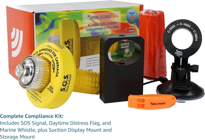 Sirius Signal C-1004 SOS LED Distress Signal, White + IR - USCG Approved | Electronic Boat Flare Replacement, Bright White Light + Infrared, Includes Mounts, Daytime Flag & Whistle