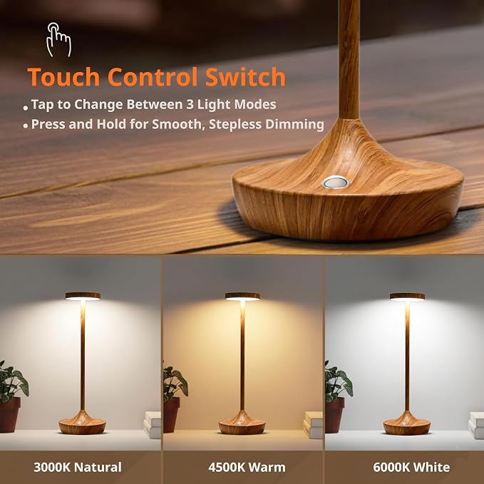 2 Pack Cordless Table Lamps, Rechargeable 6000mAh, 72H Runtime, Waterproof | Stepless Touch Dimming with 3 Color Modes & Memory Function, Portable for Outdoor/Patio/Restaurant. (Bamboo Pattern)