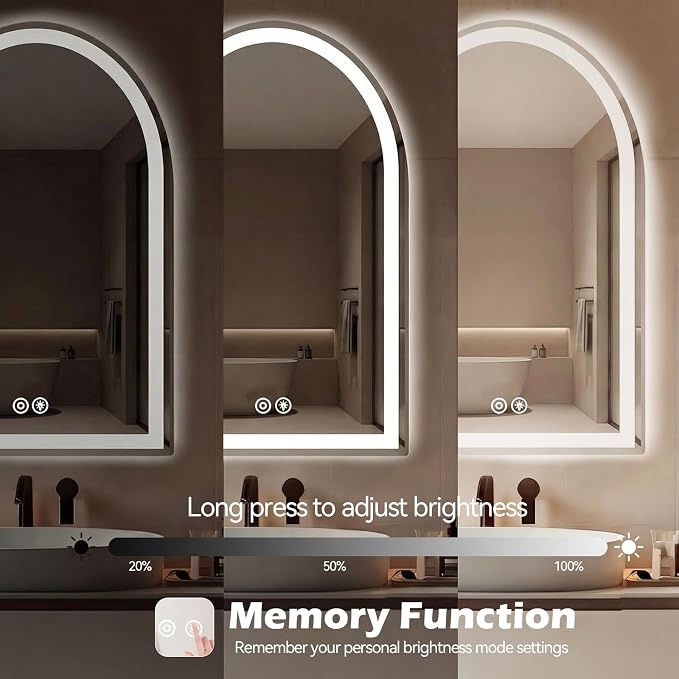 Sweetcrispy Arched LED Bathroom Mirror with Lights, Vanity Mirror, 28"x36" | Anti-Fog, Dimmable, 3-Color Light, Backlit, Memory Function, Tempered Glass