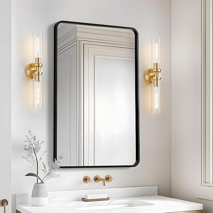 Lanhall 2 Light Bathroom Wall Sconce Set of 2,Modern Farmhouse Brushed Brass Gold Bathroom Light Fixture Over Mirror with Clear Glass Shade,Vanity Light for Hallway Cabinet Bedroom Stairway Porch