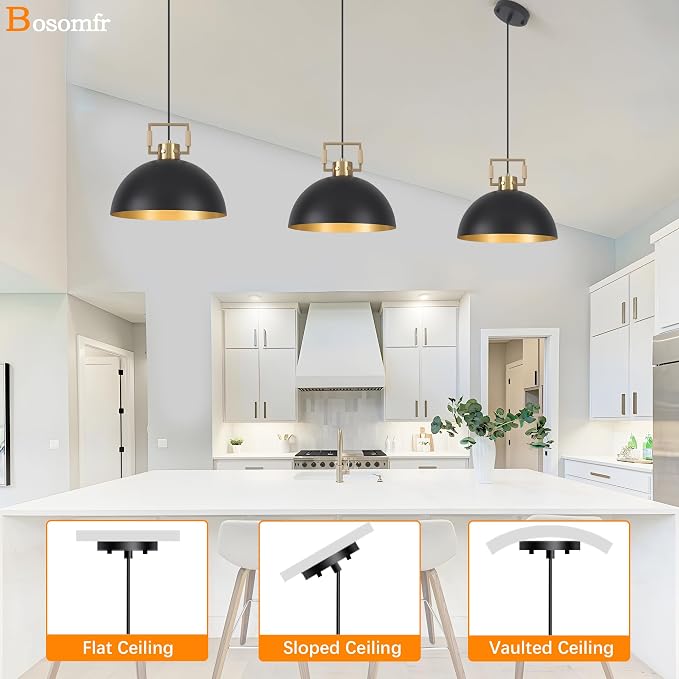 Matte Black Farmhouse Pendant Light 2 Pack Adjustable Height Vintage Hanging Industrial Ceiling Lights Fixture for Kitchen Island Hallway Dining Room Dome Chandelier Modern Pendant Lighting 12''