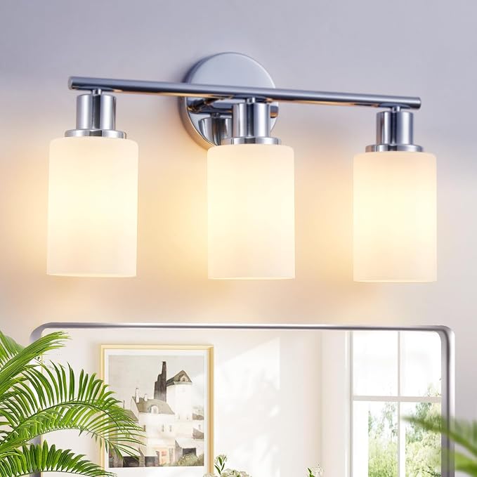 DLLT 3-Light Bathroom Light Fixtures: Chrome Modern Vanity Lights with E26 Bulbs - Milky White Glass Shade Bathroom Wall Lamp for Mirror Kitchen Living Room Hallway Cabinet Porch
