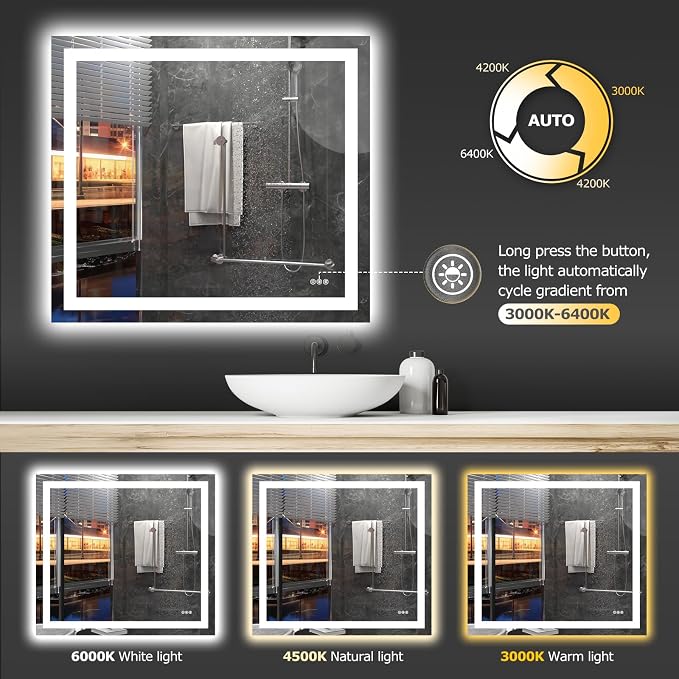 Hivone 40"X36" LED Bathroom Mirror with Lights, Anti-Fog, Dimmable, Backlit + Front Lit, Smart Bathroom Vanity Mirror, Memory Function, Shatterproof, Tempered Glass (Horizontal/Vertical)