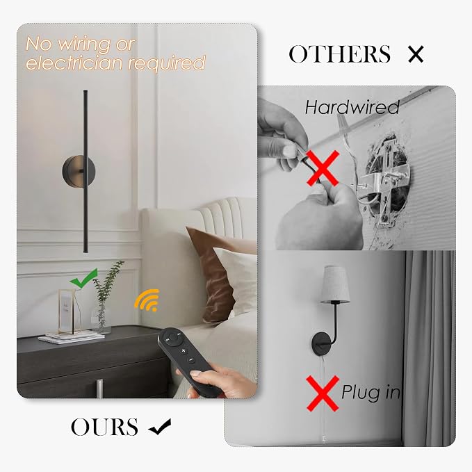 KARTOOSH Battery Operated Wall Sconces Set of Two Wireless Wall Lights | Rechargeable Wall Sconce with Remote 350°Rotate Dimmable 3000K LED Wall Lamp for Living Room, Bedroom