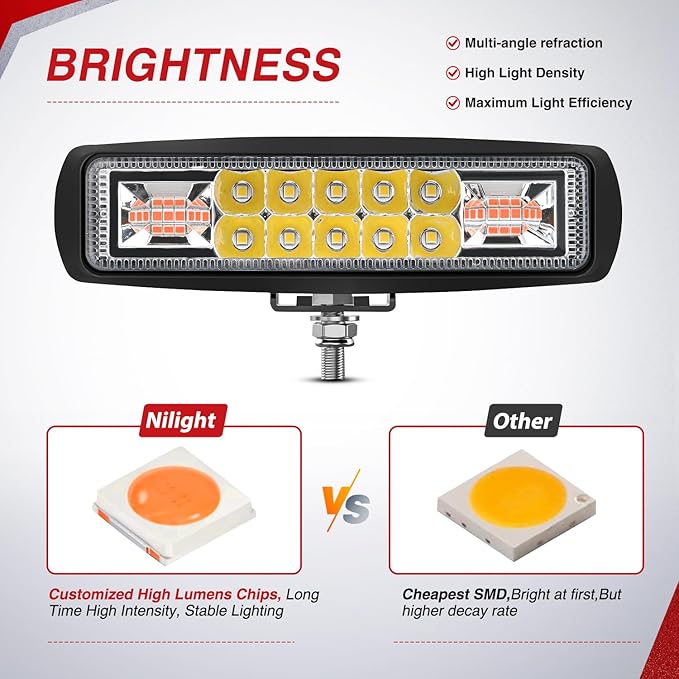 Nilight LED Light Pods 2PCS 6 Inch 60W Amber White 3 Lighting Modes Fog Lights Spot Flood Combo Beam with Dual Control 18AWG Wiring Harness for Truck Pickup Golf Cart UTV ATV SUV Boat 4x4 Car