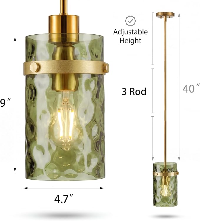 Modern Olive Green Wavy Glass Pendant Light 2 Pack - Adjustable E26 Hanging Lamp for Kitchen Island & Dining Room