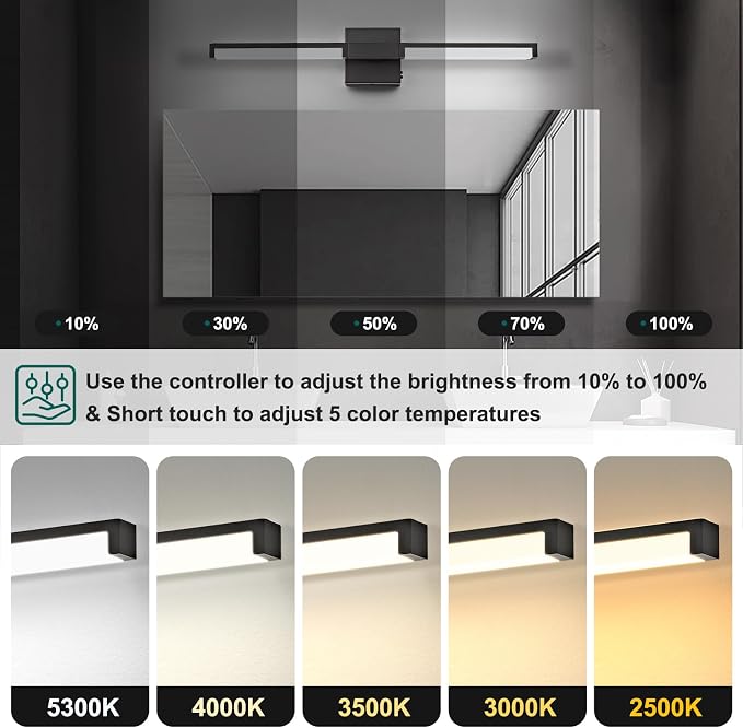 Modern Bathroom Light Fixtures Over Mirror, 24 Inch Matte Black Vanity Light Bar for Bathroom, 12W 5CCT Diammable Wall Light