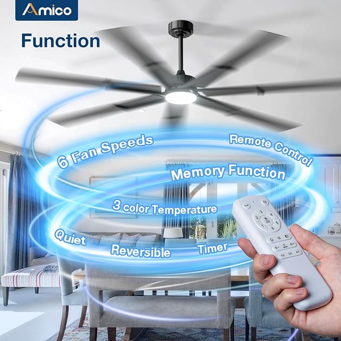 Amico 74 Inch Ceiling Fans with Lights and Remote, Black | 6 Speed Reversible DC Motor, 3CCT, Dimmable, Quiet, Timer, Large Modern Ceiling Fan for Living room, Indoor/Outdoor