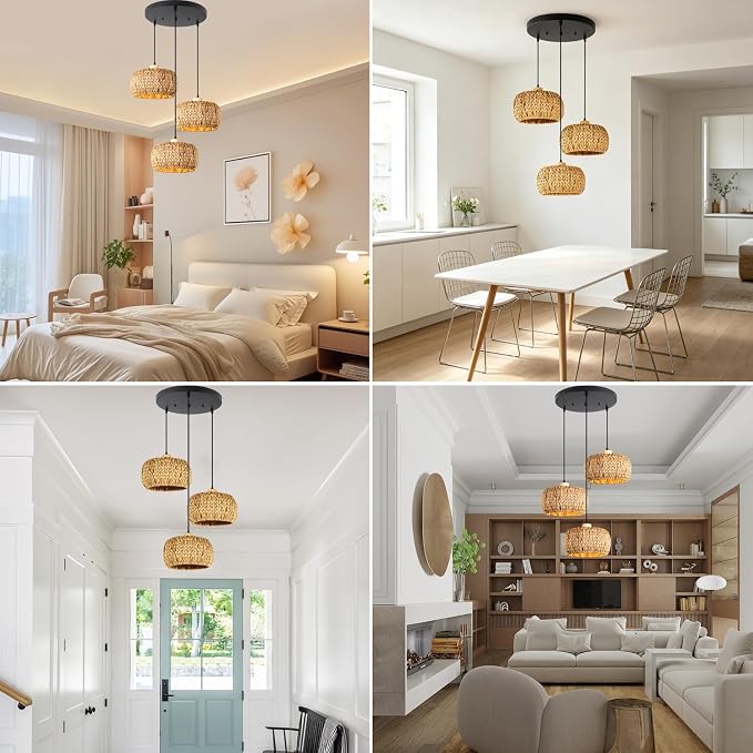 Natural Hand-Woven Basket Chandelier 3-Light Cluster Pendant Light Fixture Seagrass Rattan Shade Farmhouse E26 Base for Living Room Dining Room, Boho Light Fixtures