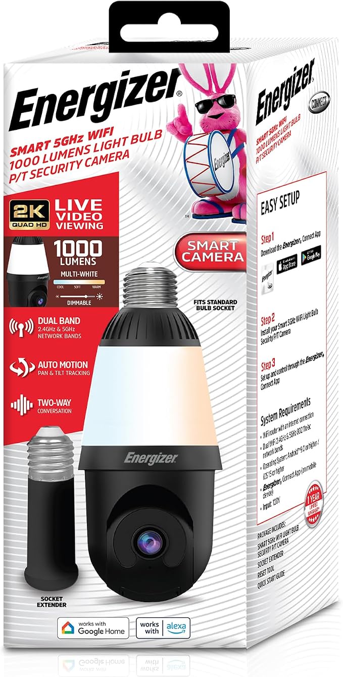 Energizer Smart 2K Light Bulb Security Camera, 1000 Lumens LED Light, 5G&2.4G Wi-Fi Outdoor Socket Camera, Pan Tilt Auto Tracking, (Black, App Enabled Smart Detections)