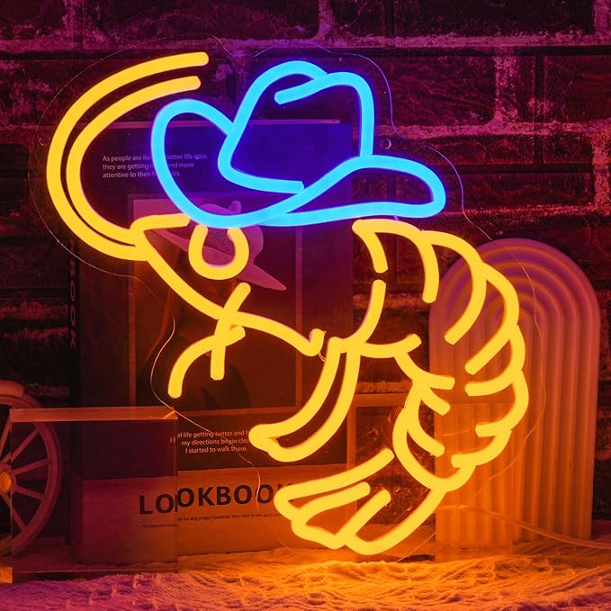 Cowboy Shrimp Neon Sign for Wall Decor, USB Powered Shrimp Neon Light Wall Art, Seafood LED Light Up Sign for Seafood Restaurants, Pub, Store, Man Cave
