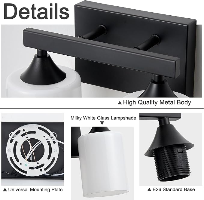 ZHU YAN Black Vanity Light Fixture,2 Light Bathroom Lighting Fixtures Over Mirror,Milky White Glass Shades,Bathroom Lights for Mirror Living Room Bedroom E26 Socket