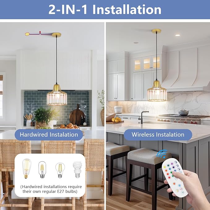 Battery Operated Pendant Lights,Rechargeable Pendant Light with Remote,Gold Pendant Light Fixtures for Kitchen Island,Modern Crystal Hanging Lights for Bedroom,Dining Room Hallway Entryway